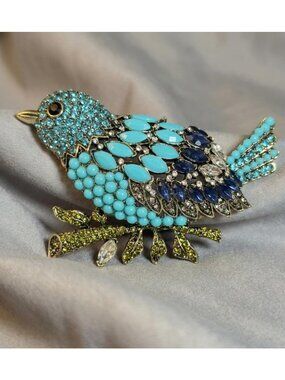 Bird Brooch Blue Rhinestone Statement Pin Openwork 4 Inch